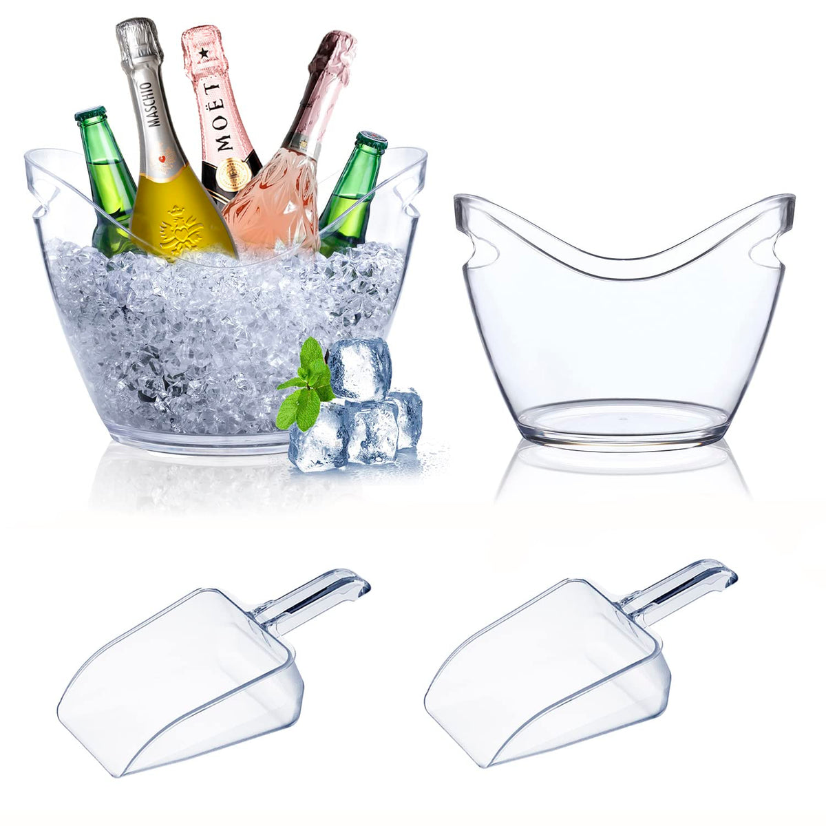Mwellewm Beverage Tubs for Parties Plastic Ice Bucket for Cocktail Bar Clear Acrylic Wine Bucket with Scoops Drink Bucket Cooler for Chiller Bin for Champagne or Beer (8 L, 4 L)