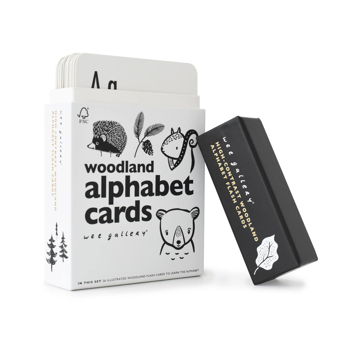Wee Gallery Educational Flashcards for Babies, Double Sided Black and White Learning Flash cards, Woodland Animal Alphabet Cards for Visual Stimulation and Cognitive Development of Toddlers