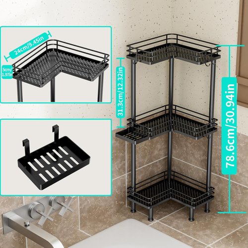 HapiRm Corner Shower Caddy - 3-Tier Rustproof Bathroom Organizer with Soap Holder & 4 Hooks | Black