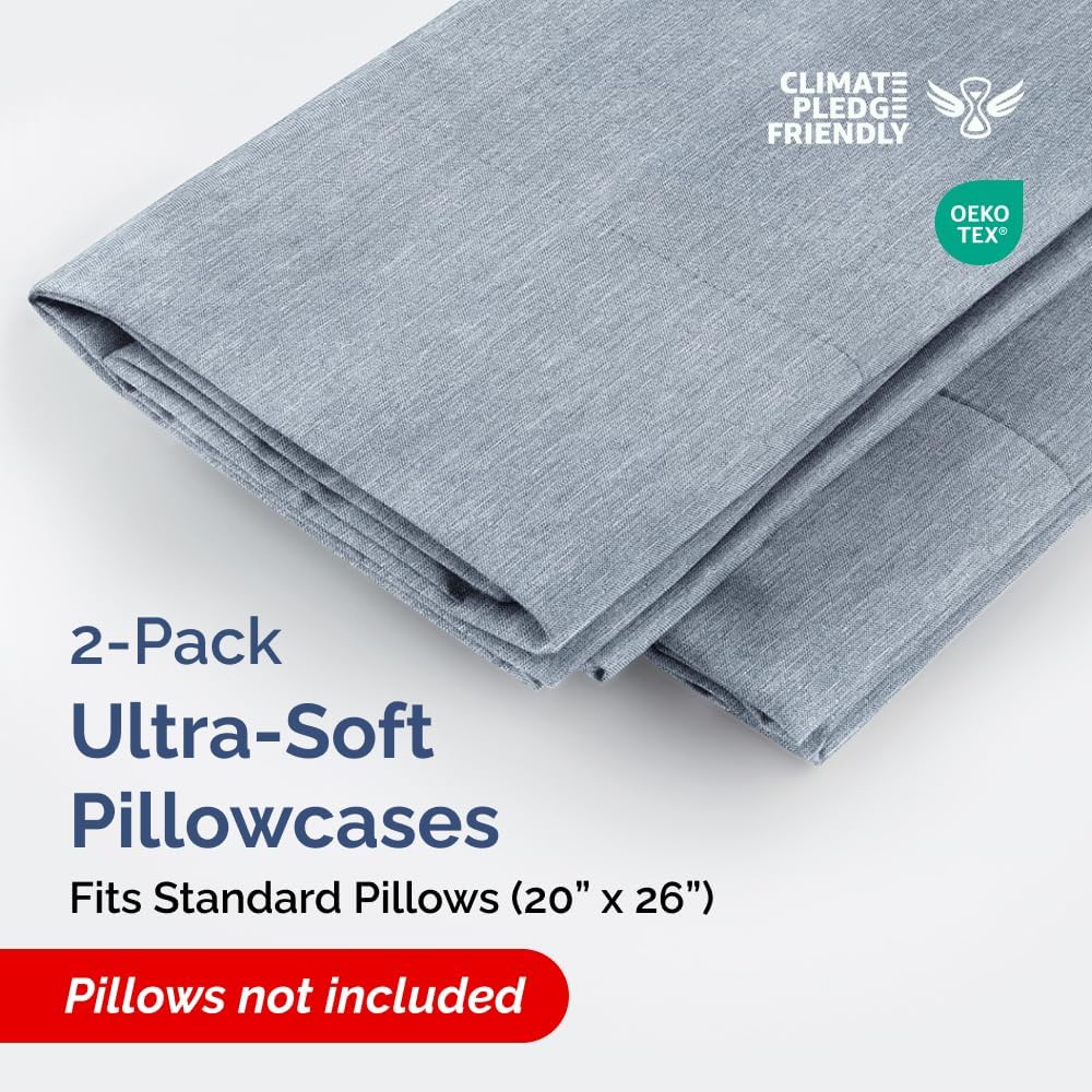 Standard Pillow Cases Set of 2 | Ultra-Soft Hotel Quality Covers - Comfy, Wrinkle-Free & Stain Resistant - Heathered Blue