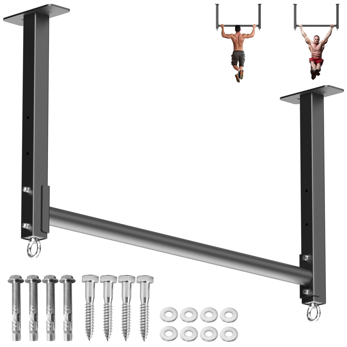 HWOOUSA Ceiling Mounted Pull Up Bar, 3 Adjustable Heavy Duty Pull Up Bars, 16"/24" Rafter Chin Up Bar, Ceiling Joist for Garage/Gym/Basement with Comfortable Grip & Round Anchors, Heavy Duty 700 LBS,Black