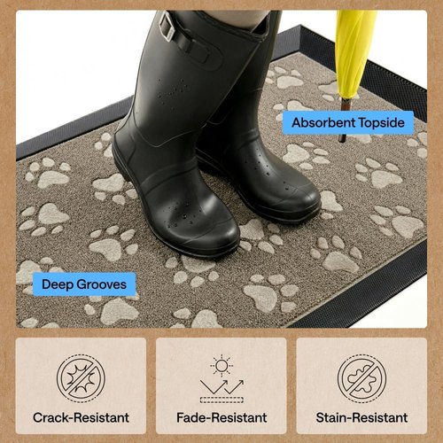 GORILLA GRIP Waterproof All-Season WeatherMAX Doormat | 35x23 Natural Rubber, Stain & Fade Resistant, Easy Clean Tan Pawprints
