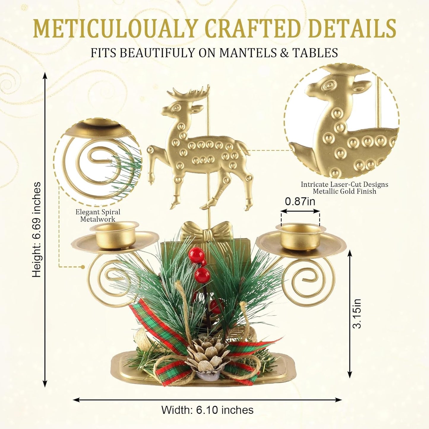 ABTOLS Reindeer Tealight Candle Holders - Festive Elk Gold Design with Red Berry | Perfect for Christmas Table Decor