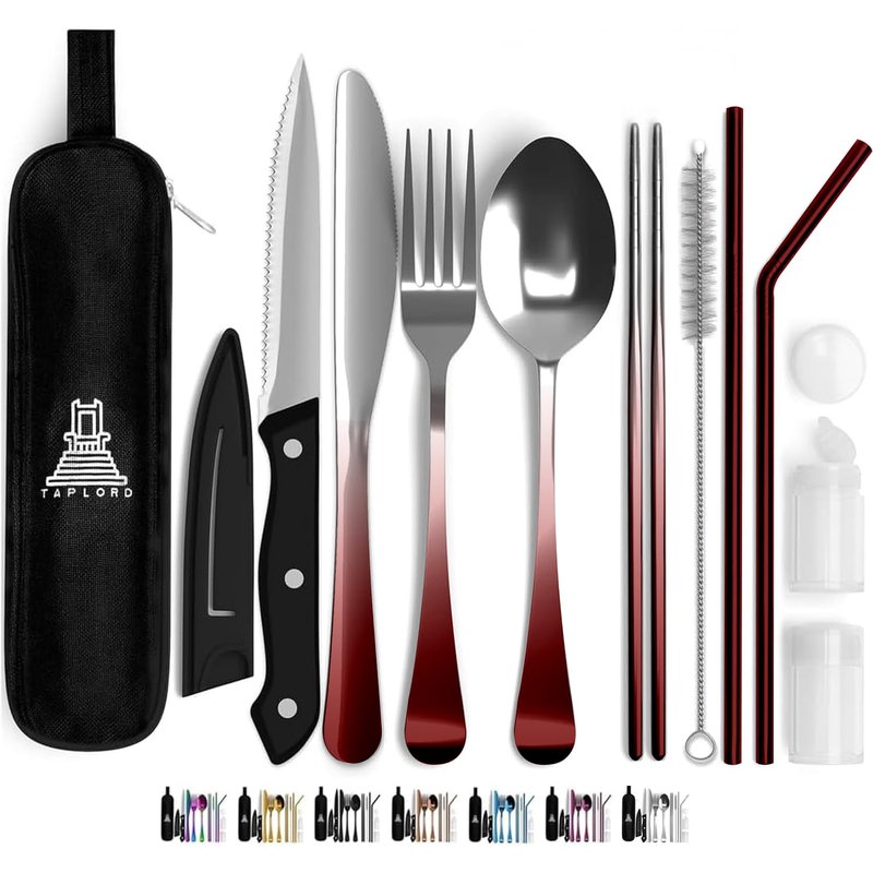 Taplord Portable Travel Silverware Set With Case - Includes 10 Pcs of Utensils, Stainless Steel Flatware For Camping, Easy to Travel, Lightweight (Red Two Tune)