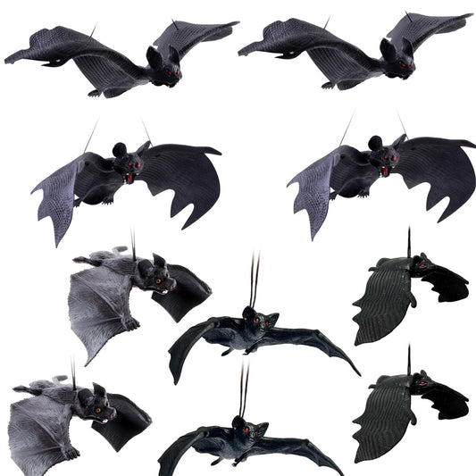 10Pcs Halloween Hanging Ornaments Realistic Bat Decorations Rubber Horror Bat Decor for Outdoor Indoor Hanging Vampire Flying Bats for Home Halloween Party Favors,Haunted House