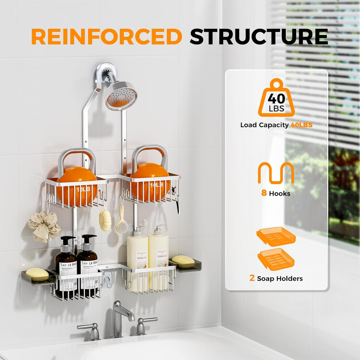 Reinhardt Aluminum Shower Caddy - Adjustable Rustproof Organizer with Hooks & Soap Holders | Silver