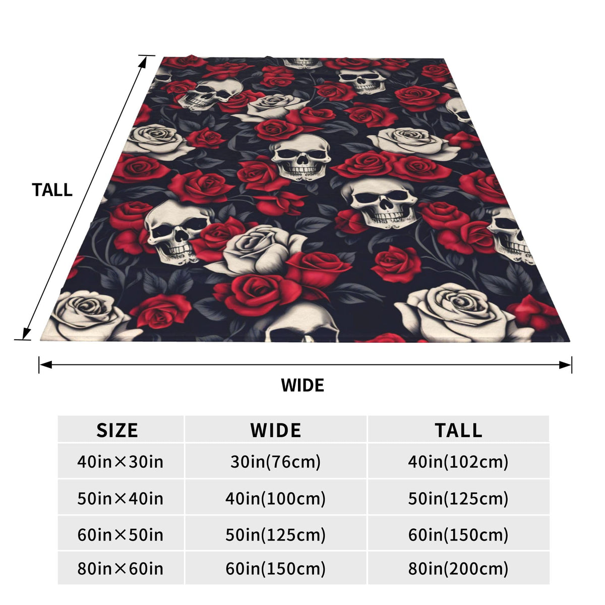 VODRM Horror Skull Blanket Gifts for Kids Adults Soft Warm Lightweight Cozy Gothic Red Rose White Black Skulls Throw Blankets for Bed Living Room Sofa Couch Halloween Goth Decor 50x60in