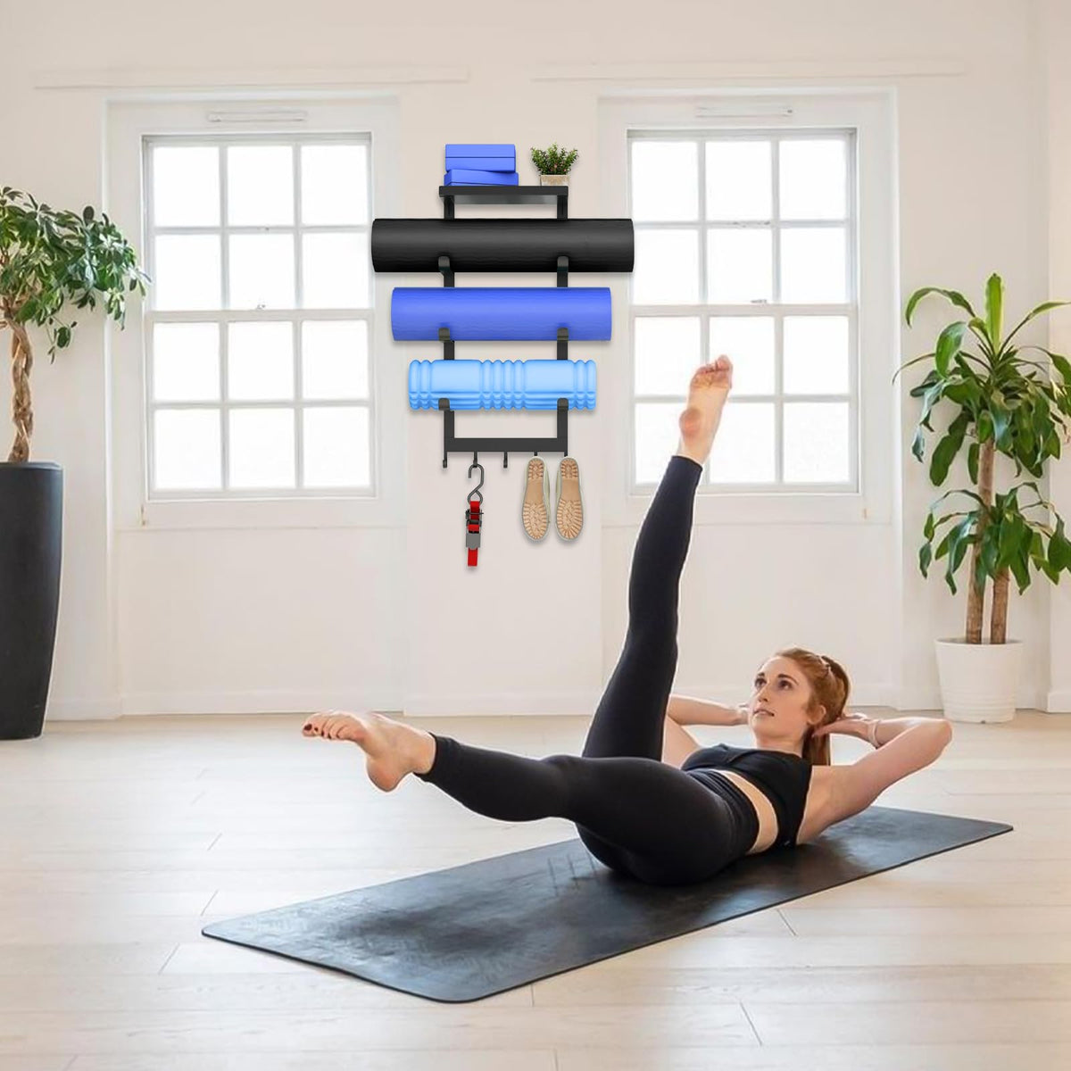 LSK Yoga Mat Holder Wall Mount, Black Yoga Mats Storage Rack, Home Gym Storage with Metal Floating Shelf for Storing Fitness, Yoga Mat Rack with 5 Hooks for Hanging Foam Rollers and Resistance Bands