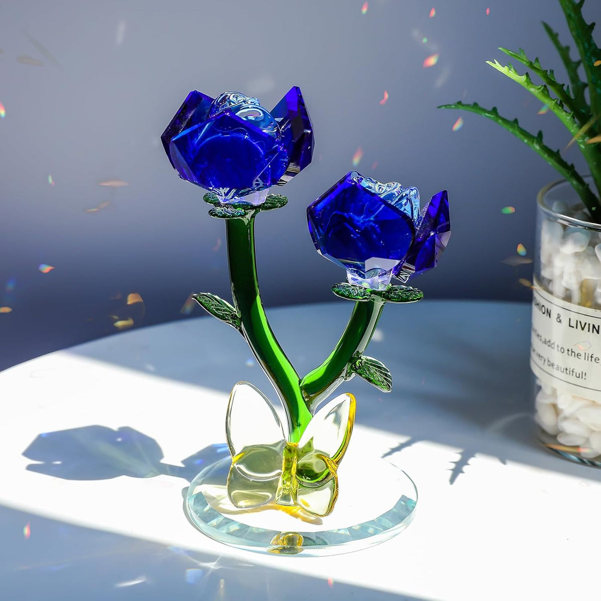 LONGWIN Crystal Blue Rose Figurine - Elegant Glass Flower Bouquet Home Decor Gift for Women