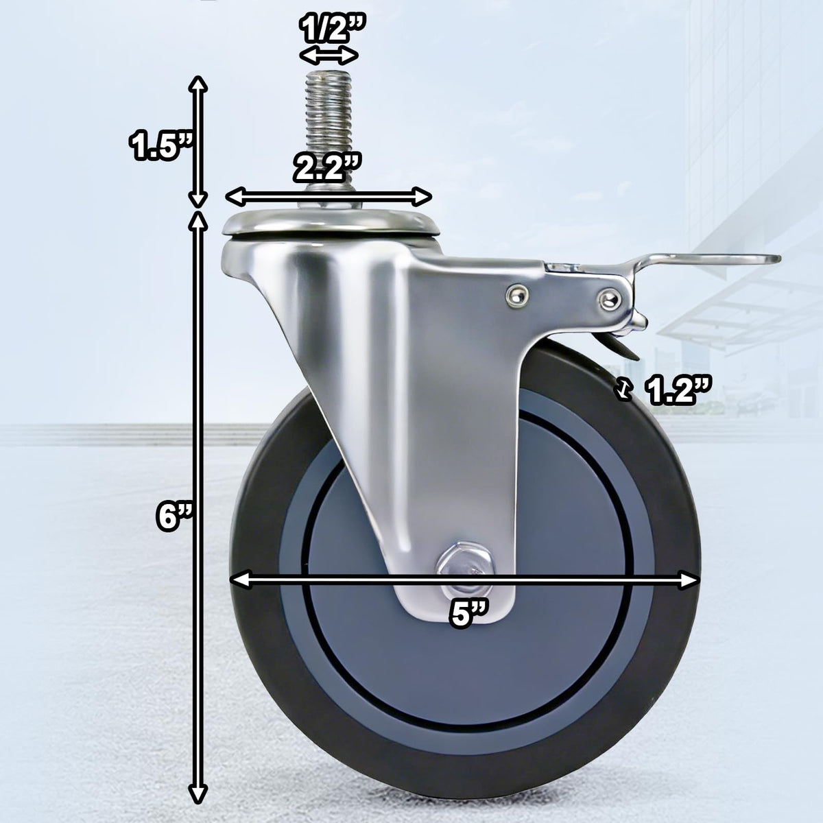 AAGUT 5 Inch Locking Swivel Casters 1/2"-13 x 1.5 Threaded Stem Wheels with Brake Grey TPR Rubber Wheel Set of 4