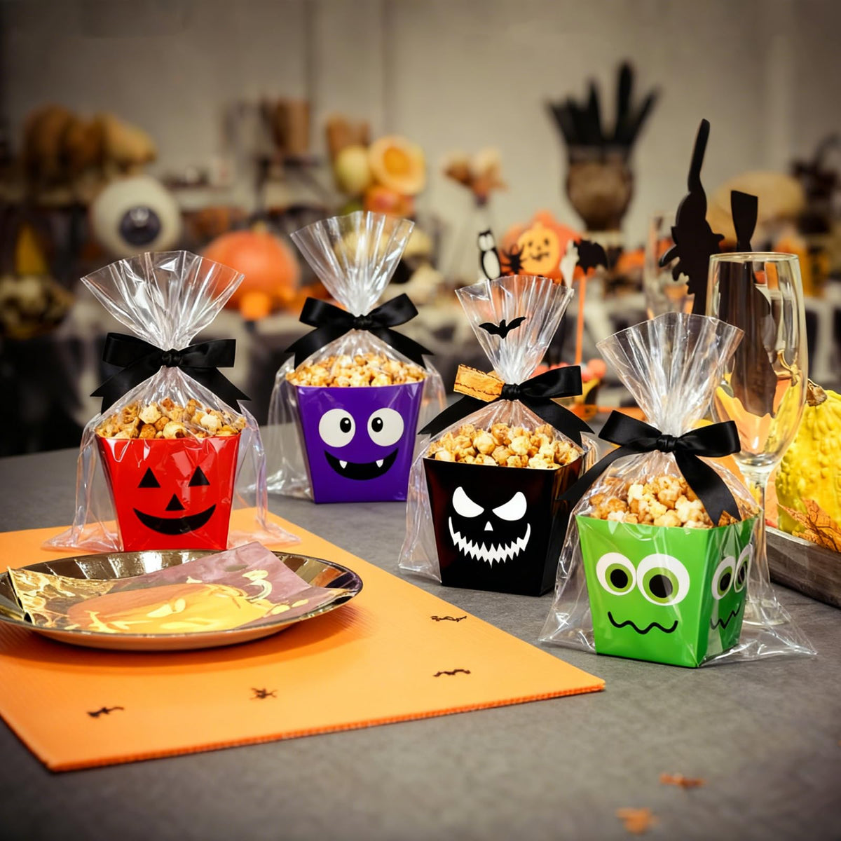 Pajean 24 Sets Halloween Popcorn Boxes with Cellophane Bags and Ribbon, 4.72''x 4.72''x 3.54'' Cardboard Paper Snack Treat Goodie Gift Cookies Candy Boxes for Trick or Treat Halloween Party Favors