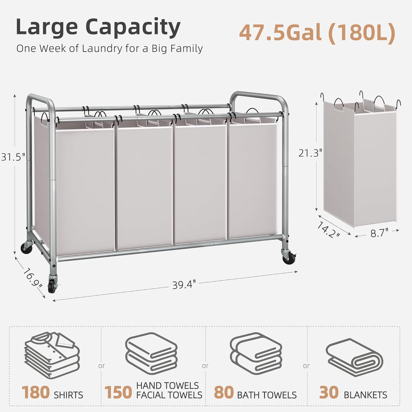 Storage Maniac Laundry Sorter - 4-Section 47.5 Gal Hamper with Wheels & Removable Bags | Gray