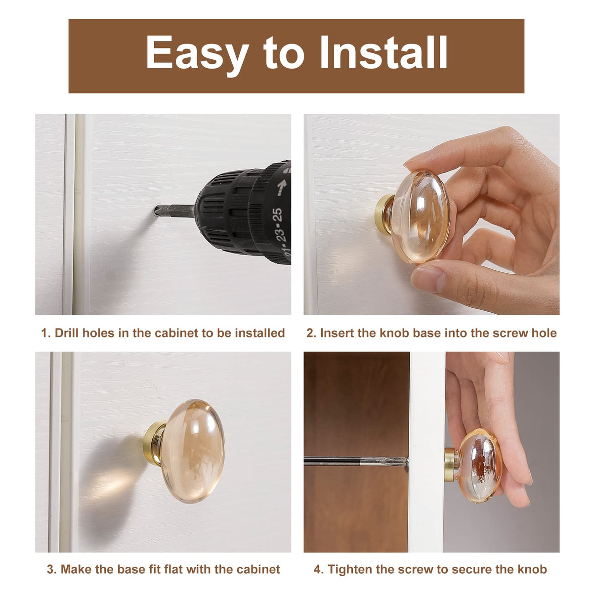 CLCTK 8 Pack Champagne Crystal Cabinet Knobs, Gold Cabinet Glass Knobs for Dresser Drawers Brass Furniture Hardware Pulls (Oval)