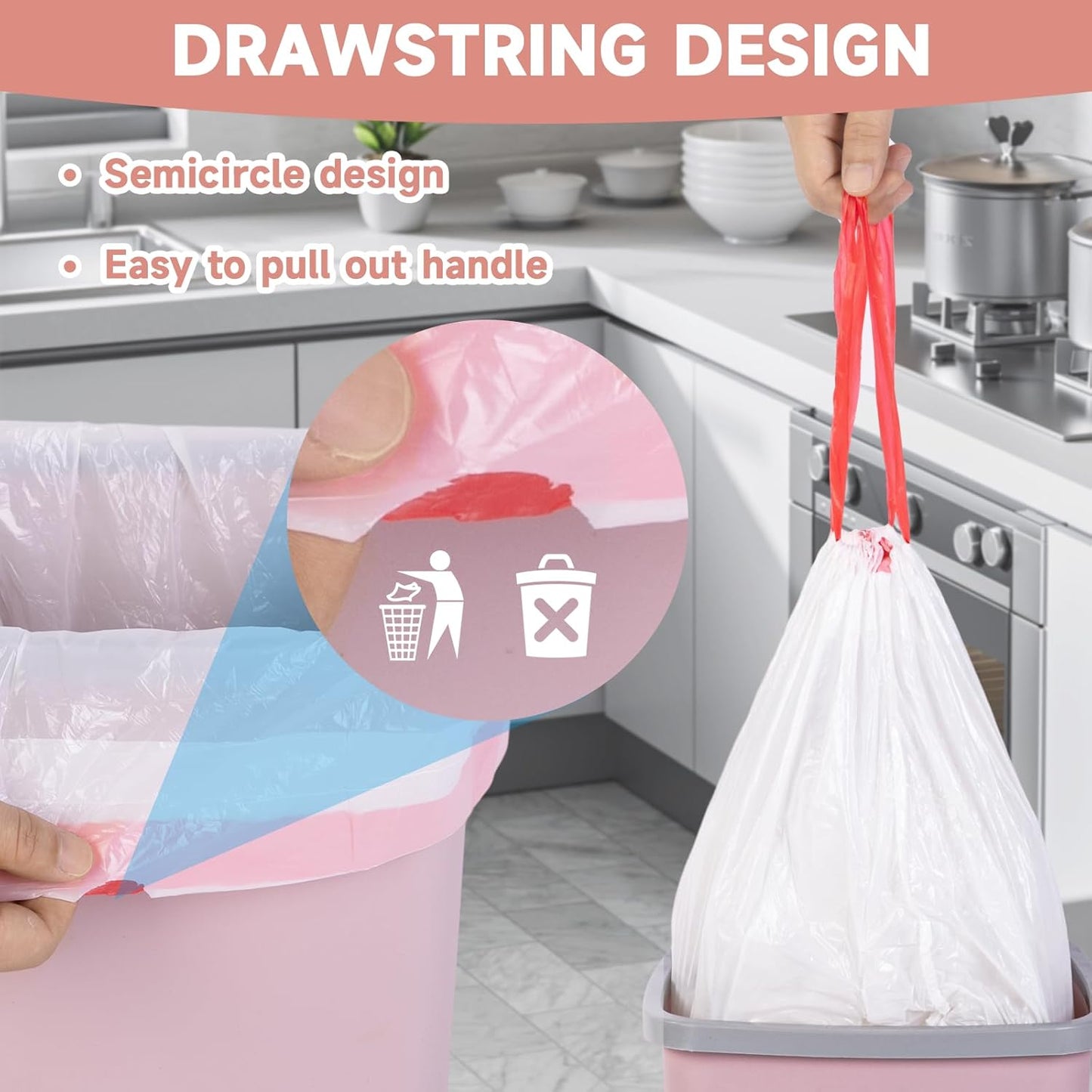 Magesh 6 Gallon Drawstring Trash Bags - Unscented White Kitchen Garbage Bags, 125 Count, Strong & Thick