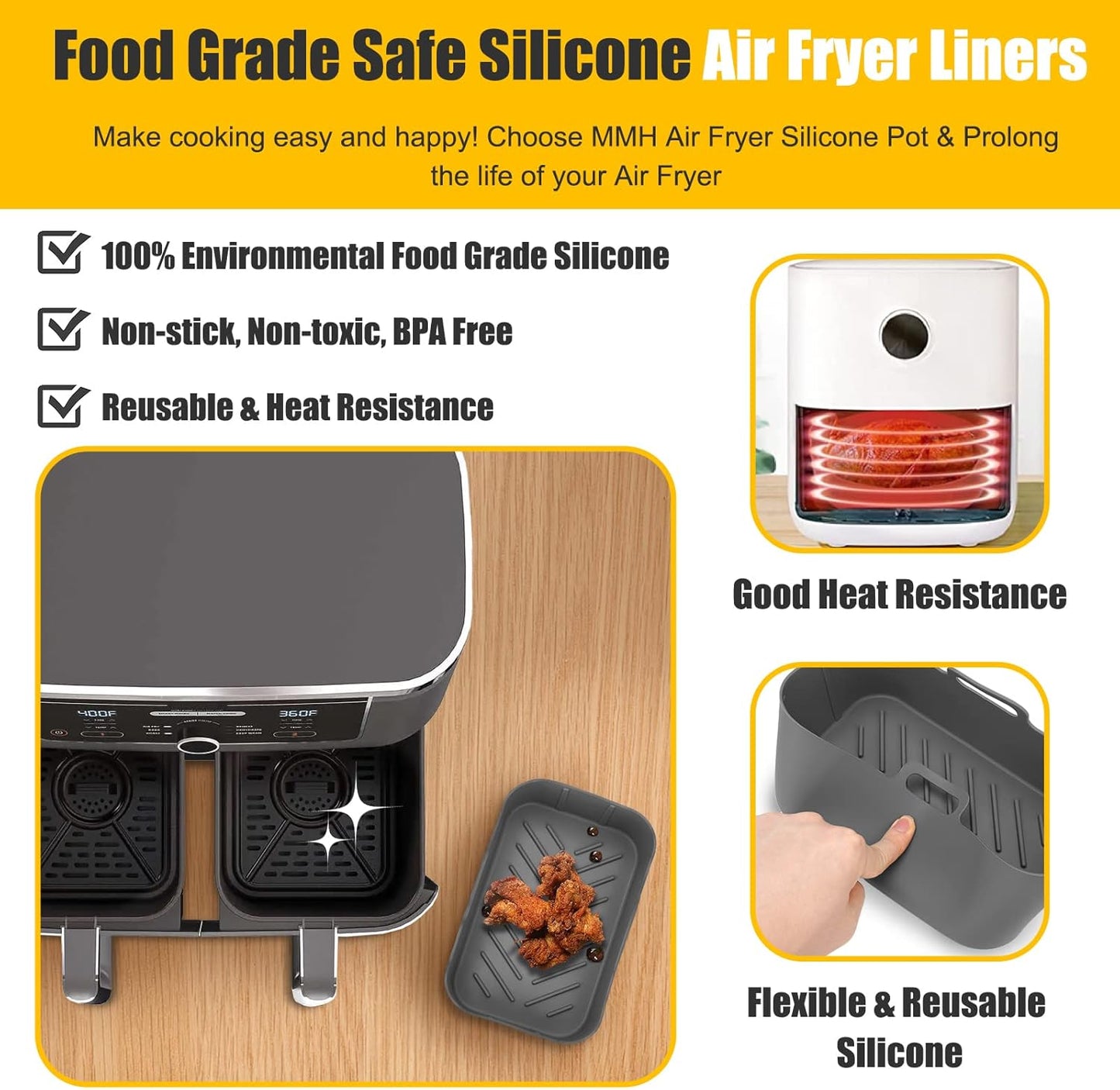 Skiennix Air Fryer Silicone Liners - Non-Stick & Easy to Clean | 2 Pcs | Gray for Ninja Foodi 8QT & 6QT