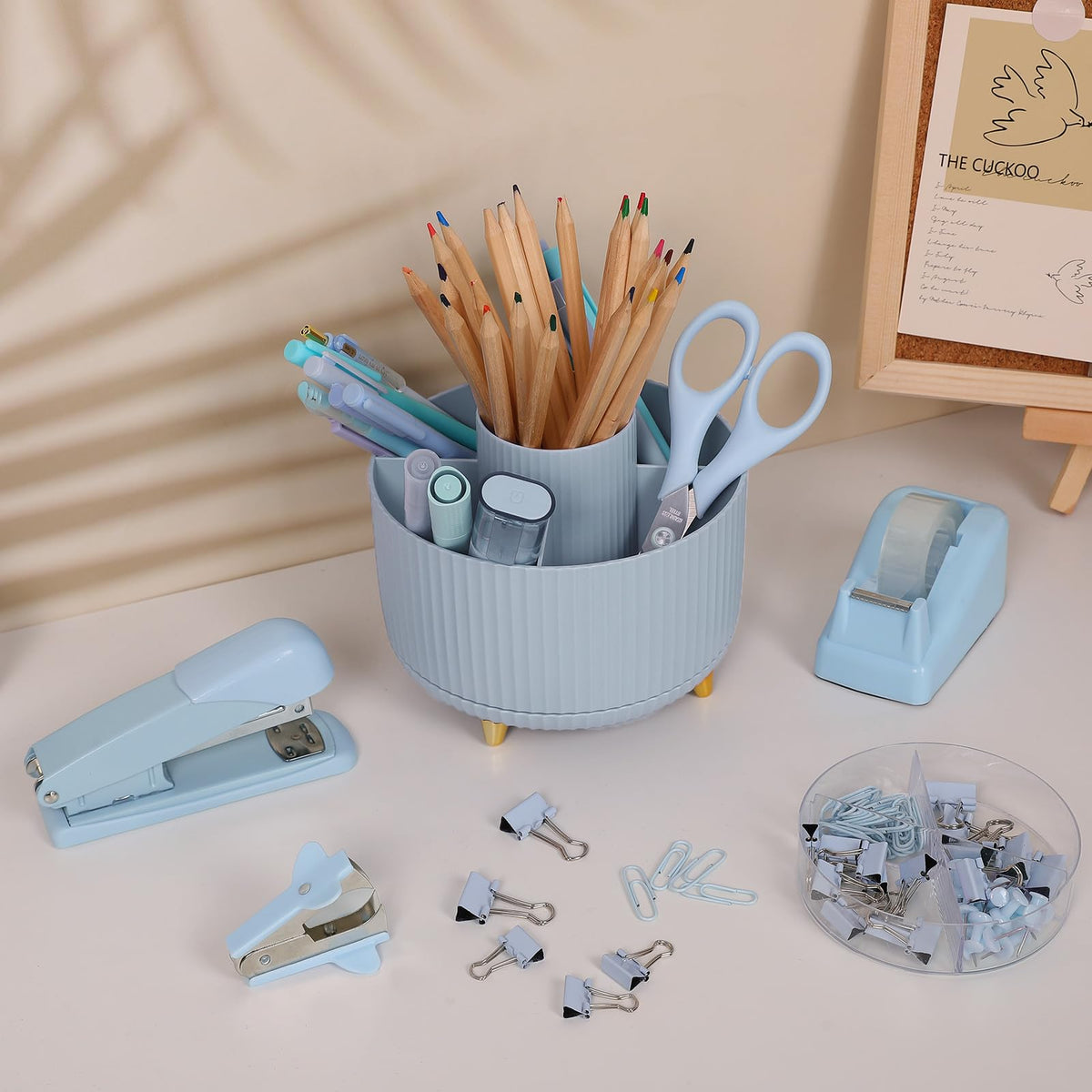 SKYDUE Desk Organizers and Accessories 10Pcs, 360-Degree Rotating Pen Holder, Stapler, Staple Remover, Tape Dispenser,2pcs Tape Refills, Binder Paper Clips Kit, Scissor (Blue)