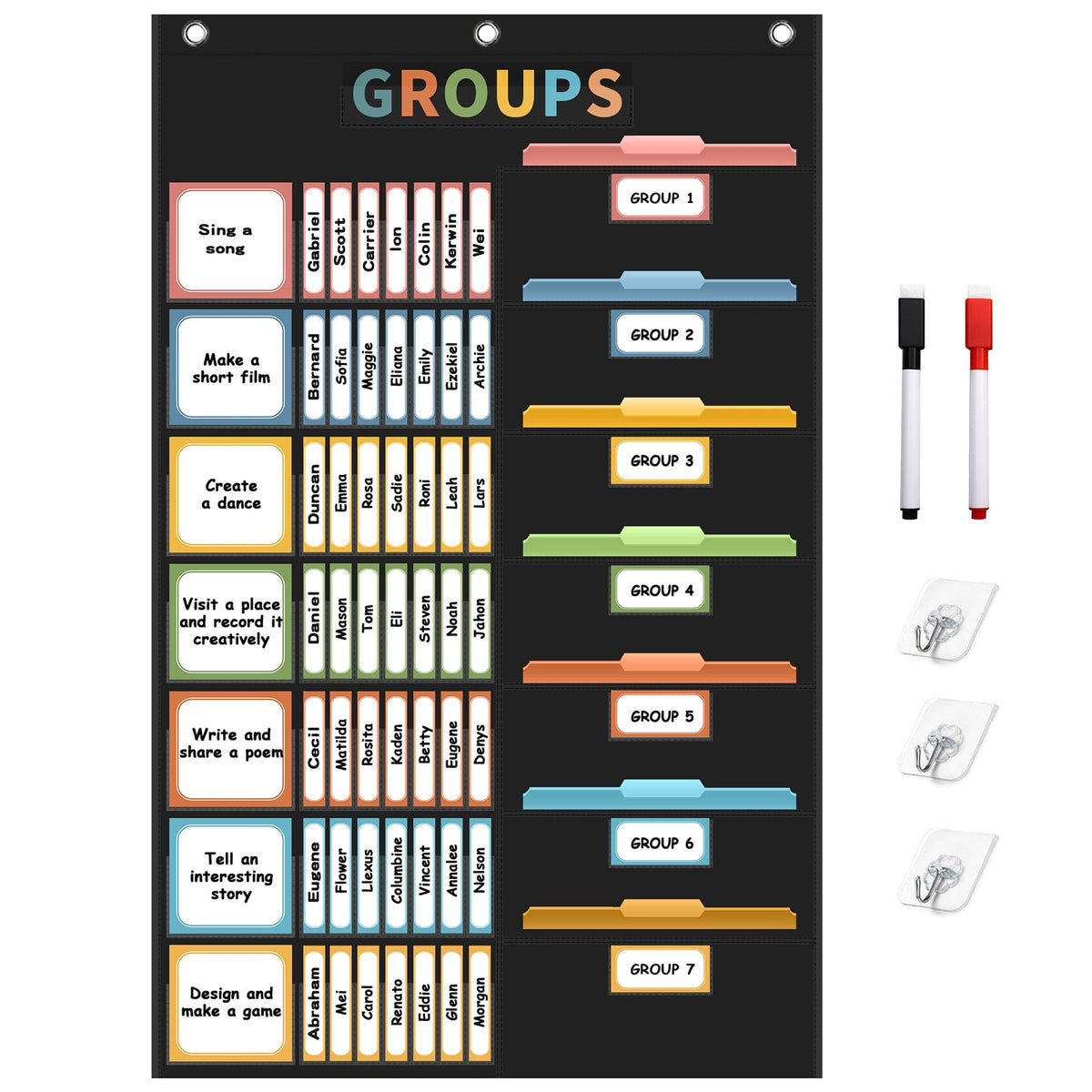 REGELETO Boho Small Group Management Pocket Chart with 114 Cards, Large Size 46 x 26.3 inch Classroom Small Group Organizer for School Teacher Homeschool Learning Supplies (Black)