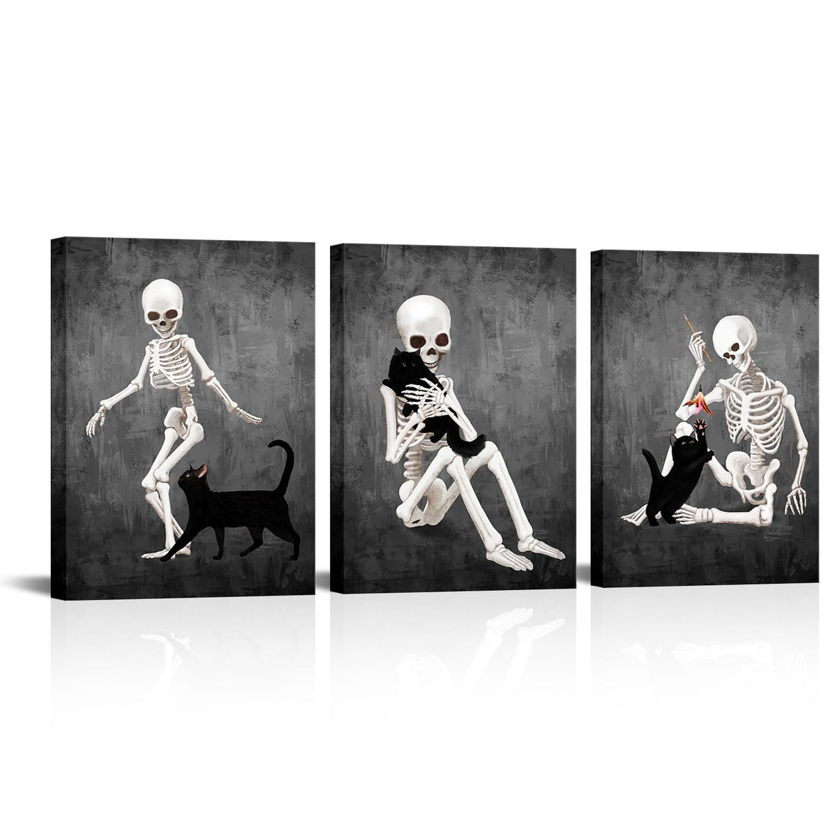 Kalormore Halloween Wall Decor Black and White Skeleton Canvas Wall Art Funny Skull with Cat Painting Prints The Day Of Dead Picture Framed Artwork Ready to Hang (12"x16"x3pcs)