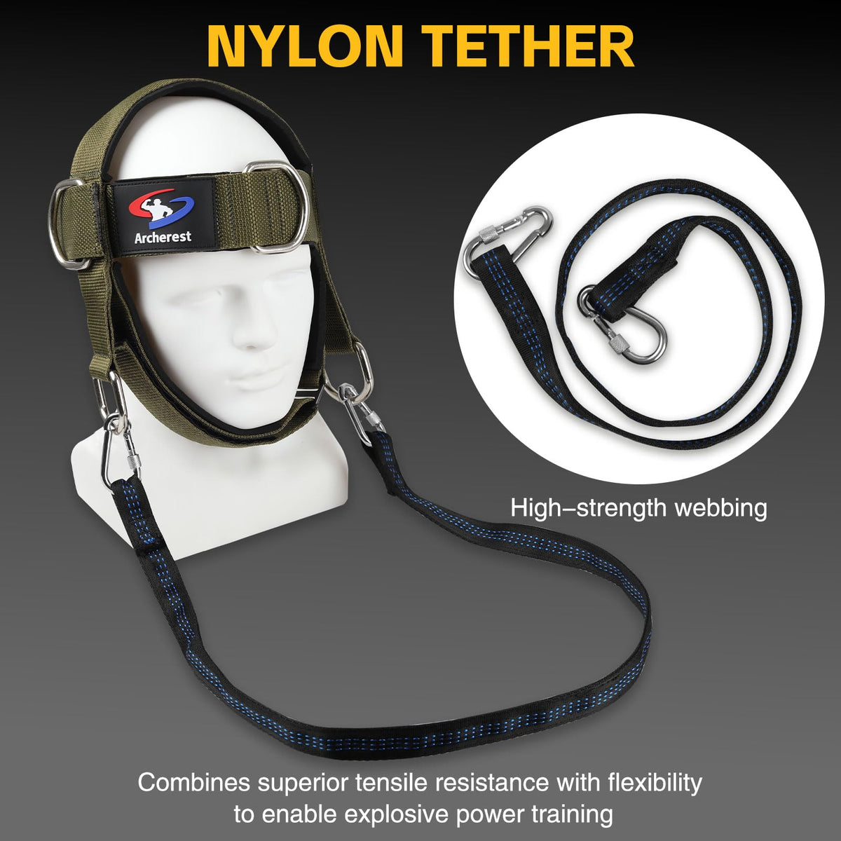Fitness Neck Head Harness Trainer, Adjustable Chin Strap and Head Harness Strength with Nylon Tether, Neoprene Neck Exerciser for Weight Lifting, Home and Gym Use, Green