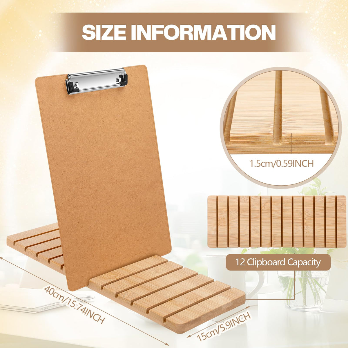 Chunful Bamboo Clipboard Holder 12 Slots Clipboard Organizer 5.9 x 15.7'' Storage Rack Document Typing Paper Stand Menu Display Receipt Holder for Classroom Office School Teacher No Assembly Required