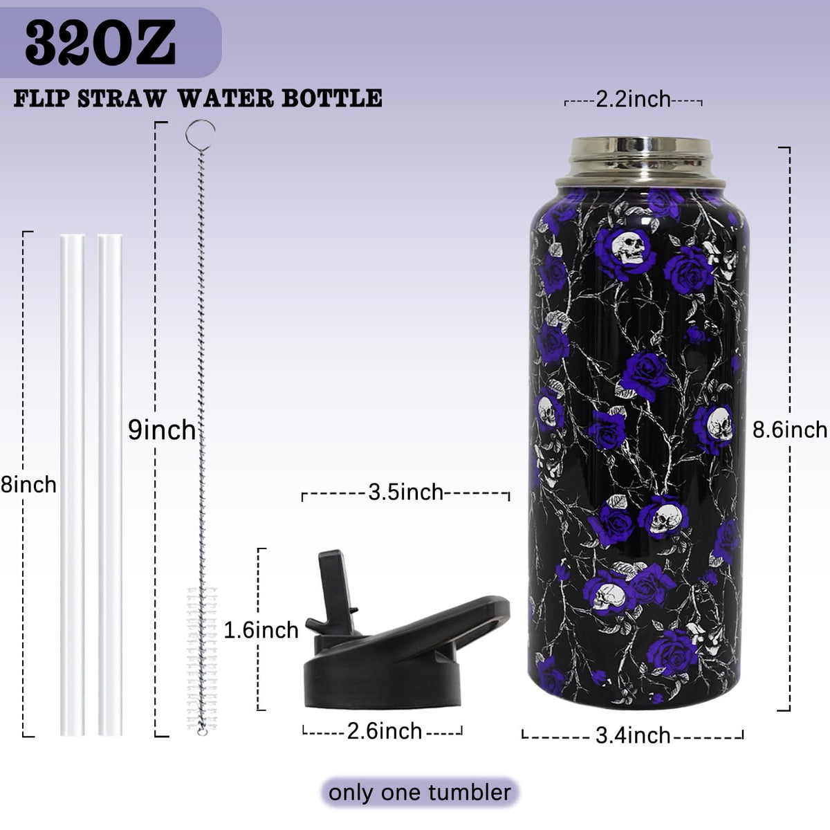 ZNYYZYBA Insulated Halloween Water Bottle 32 oz, Flower Skull Water Bottle with Straw, Reusable Leakproof Tumbler Stainless Steel, Halloween Gifts for Women