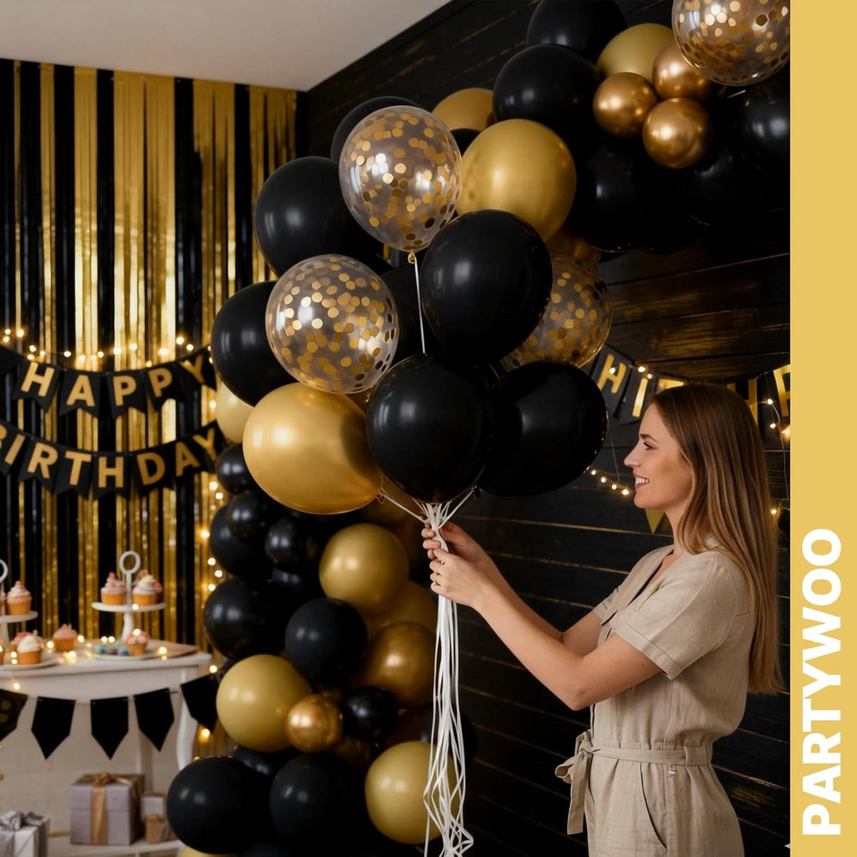 PartyWoo Gold and Black Balloons - 100pcs 12-Inch Metallic Balloons for Celebrations & Events