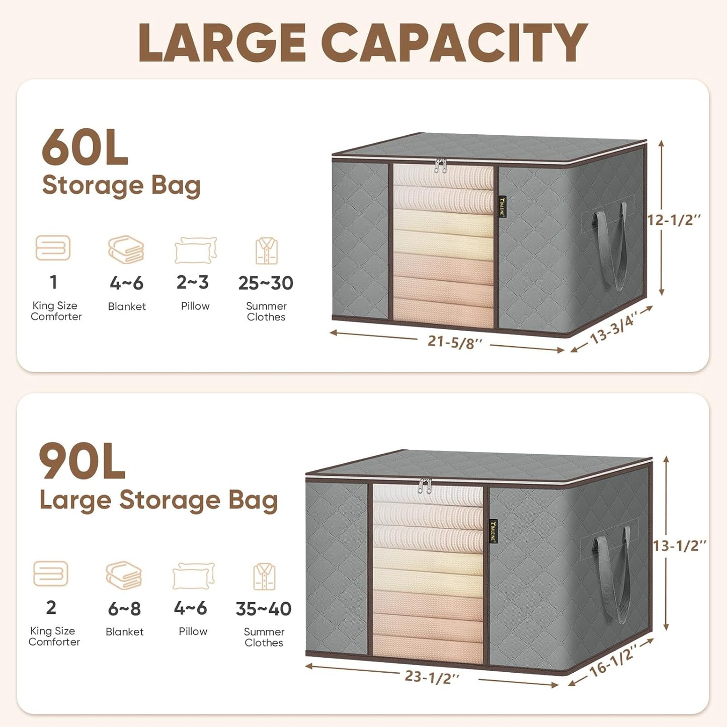 BALEINE Clothes Storage Bags - 24 Gallon Containers with Reinforced Handles | Sturdy Zipper, Grey, 2 Pack