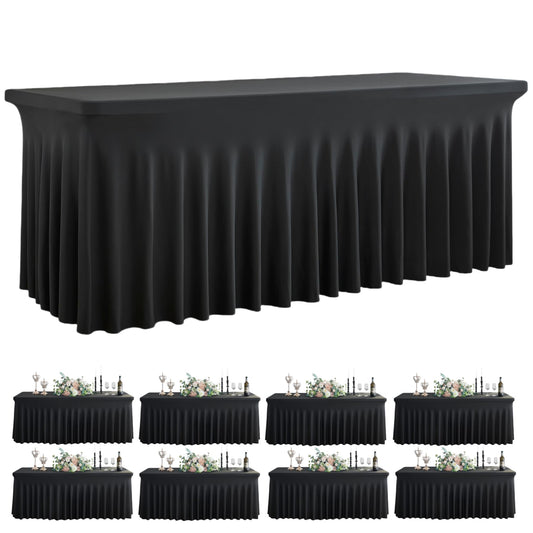 Outpain Wrinkle Free Spandex Tablecloth for 6 Foot Rectangle Tables, 8 Pack Black Fitted Table Cloths 6ft Stretchy Banquet Table Clothes Cover Desk Skirt for Birthday Wedding Parties Baby Shower