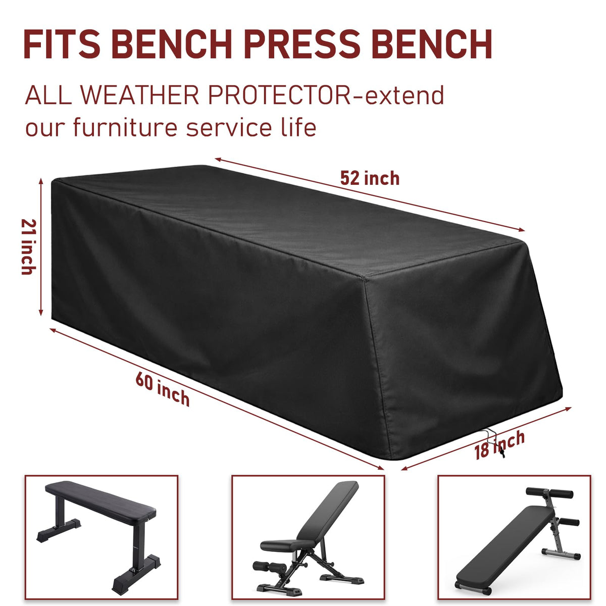 Weight Bench Cover Waterproof Heavy Duty Exercise Workout Bench Cover, Home Gym All-weather Protective Covers Fit for Sit-up Board Flat Lifting Benches and Fitness Equipment (52'' L x 60'' W x 21'' H)