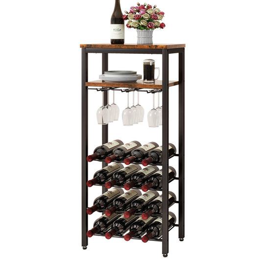 IBUYKE Wine Racks Freestanding Floor,Liquor Bottle Holder,16 Bottles Wine Cabinet with Glass Holder,Wine Holder Display,Mini Wine Bar Table for Living Room,Kitchen Pantry,Dining Room,Brown UTMJ907H