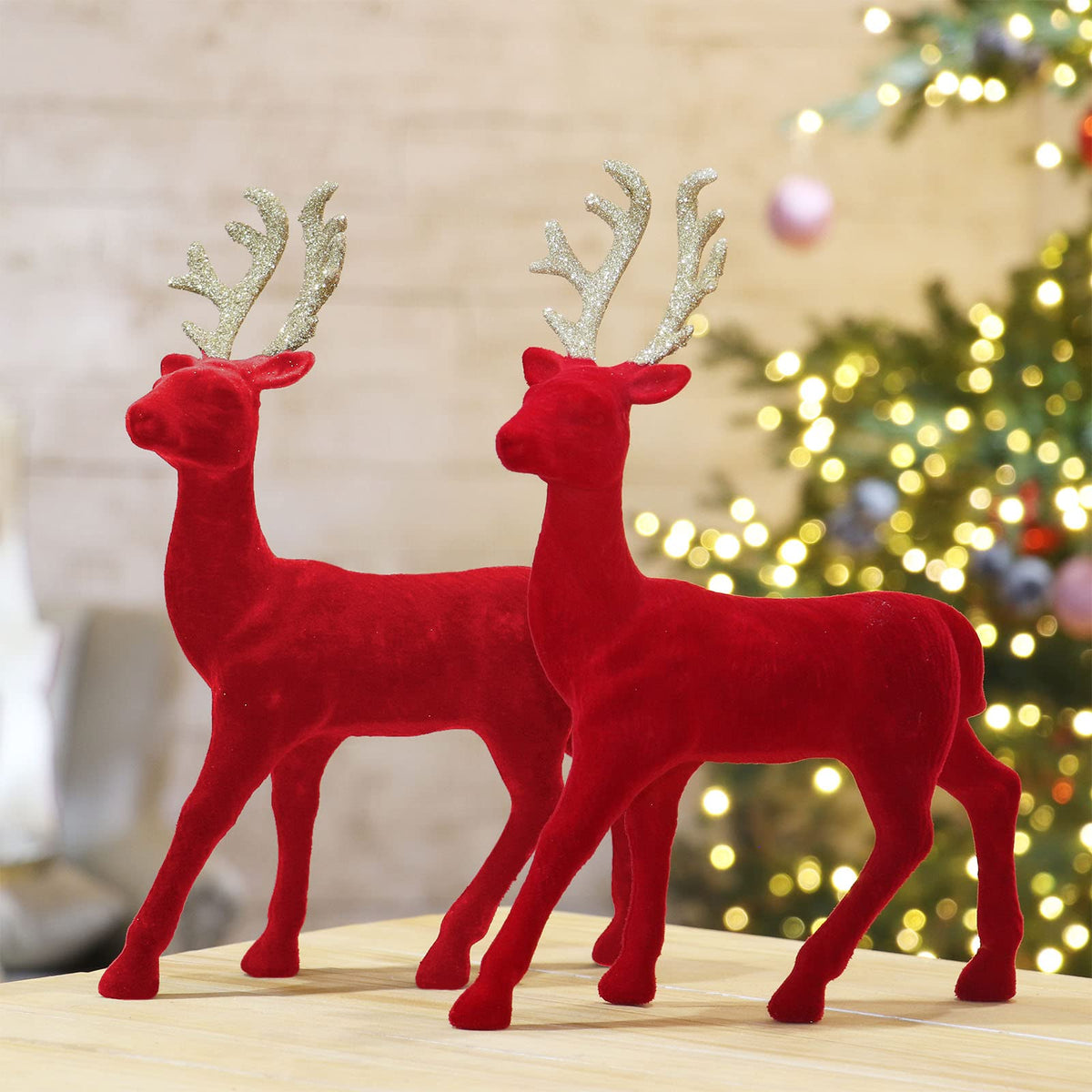 Season 2 Season Christmas Reindeer Tabletop 2 Set 12.5" H Red Flocking Standing Deer Decorations, Indoor Decorative Ornaments for Kitchen Mantle Shelf Office Home Décor