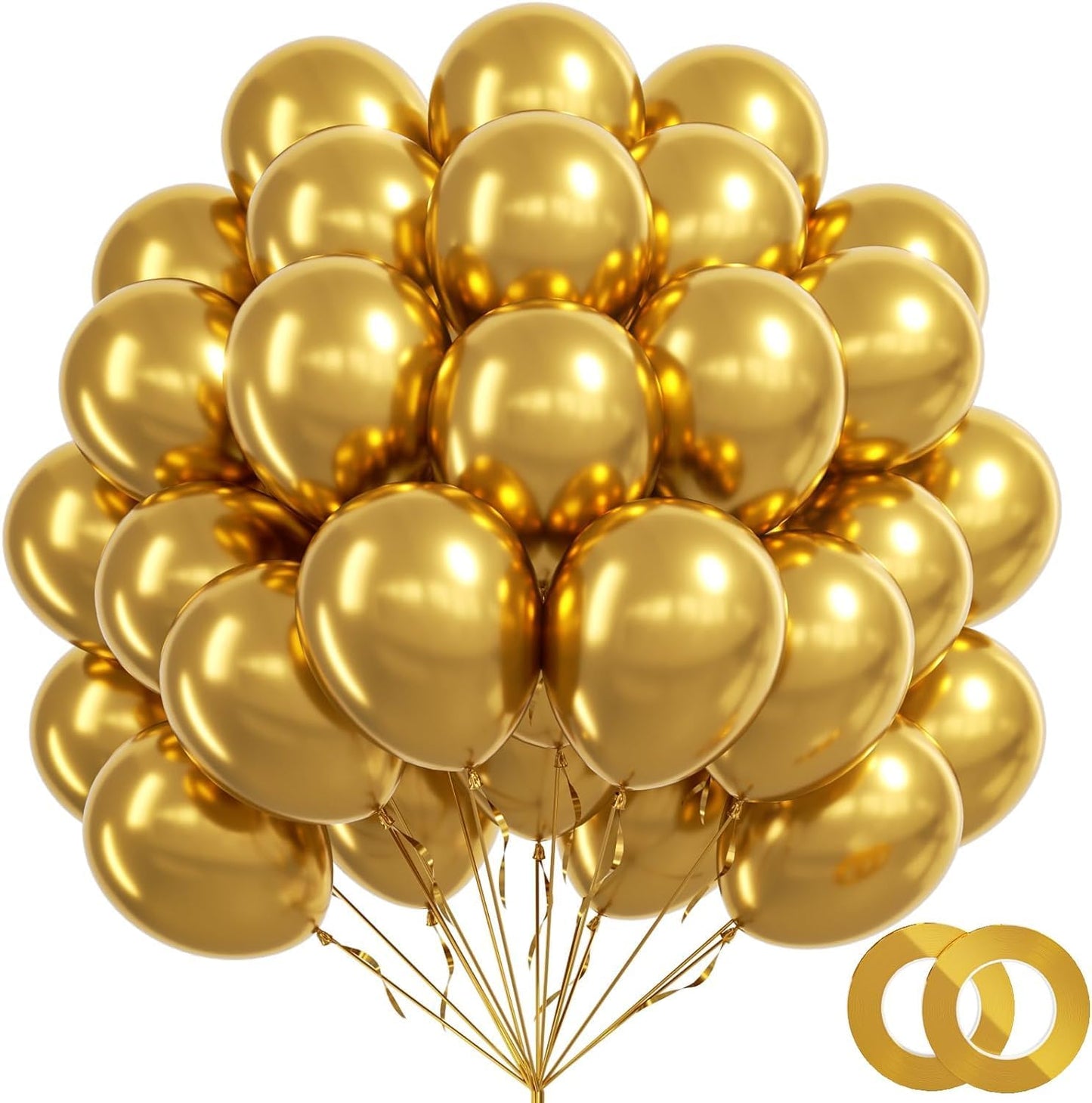 BAUANOOY Metallic Gold Balloons - 100pcs Chrome 12 Inch Balloons with Gold Ribbon for Celebrations