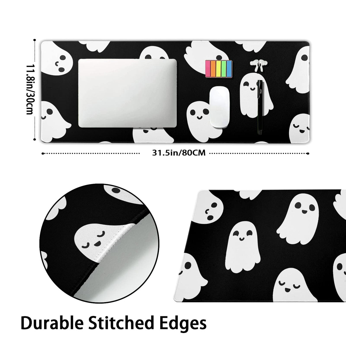 Halloween Cute Ghost Mouse Pad Kawaii Cartoon Spooky Funny Spirit Extended Desk Mat Non-Slip Rubber Base Stitched Edge Large XL Black White Mousepad for Desk Gaming Laptop Desktop,31.5×11.8 Inch
