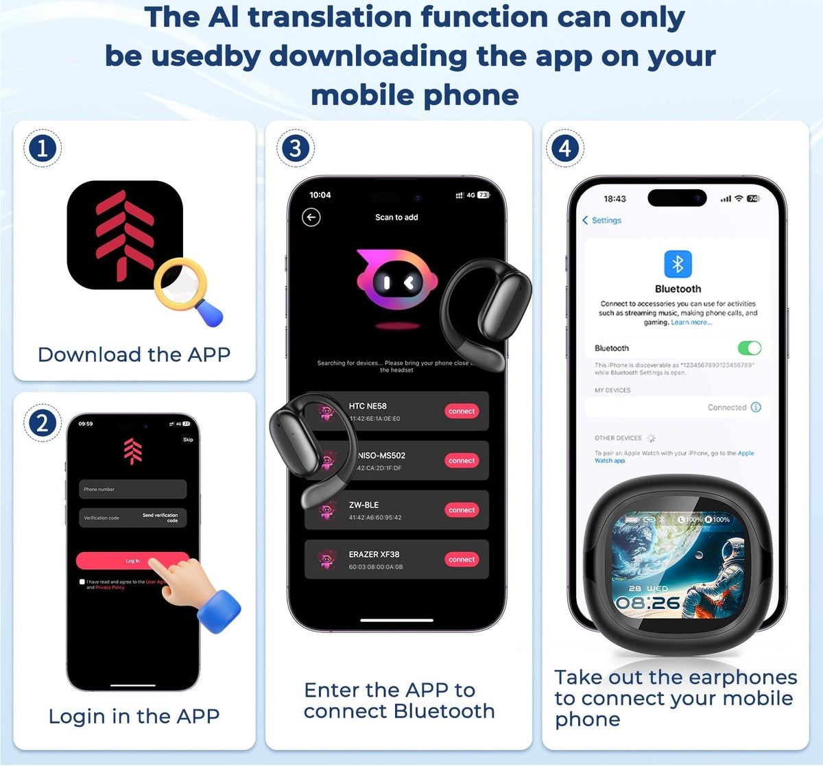 NE58 AI Translation Earbuds Real Time, 134 Language Translator Wireless Bluetooth 6.0 Open Ear Earbuds, LED Touch Screen, Noise Cancelling Translate Ear Buds for Travel & Business Meetings (Black)