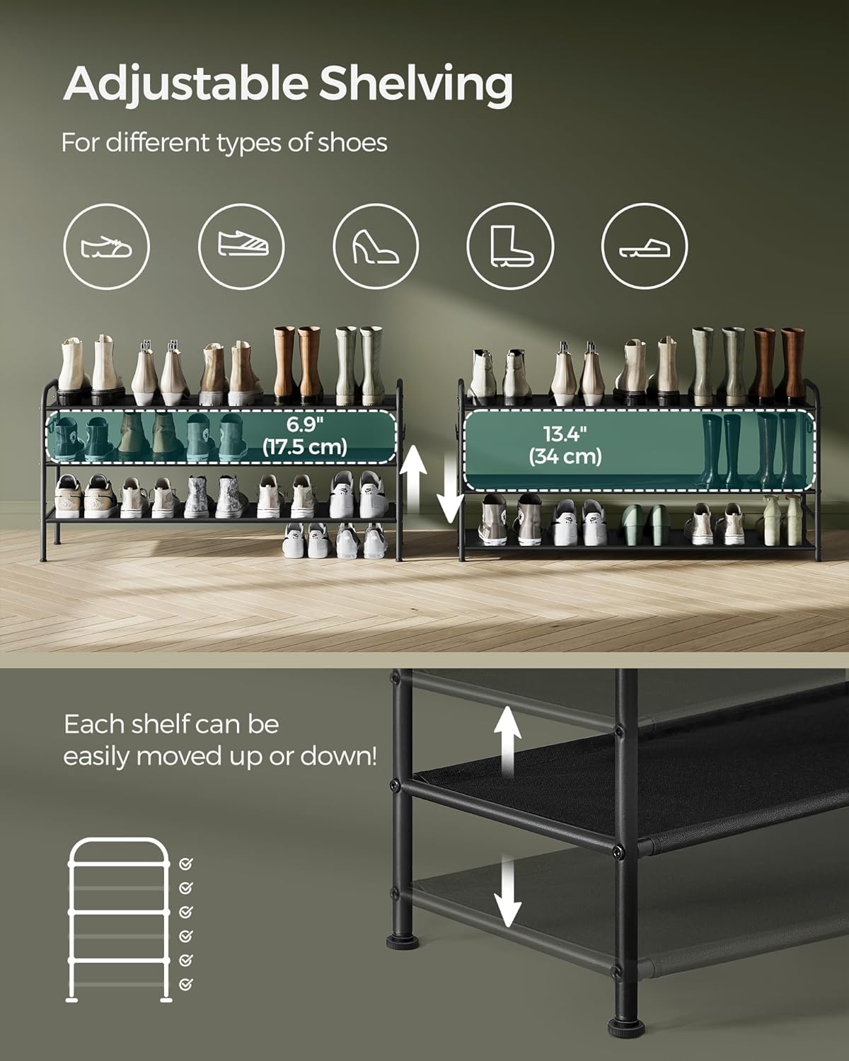 SONGMICS 3-Tier Shoe Rack - Height-Adjustable Fabric Organizer with 4 Hooks | Holds 18 Pairs - Ink Black