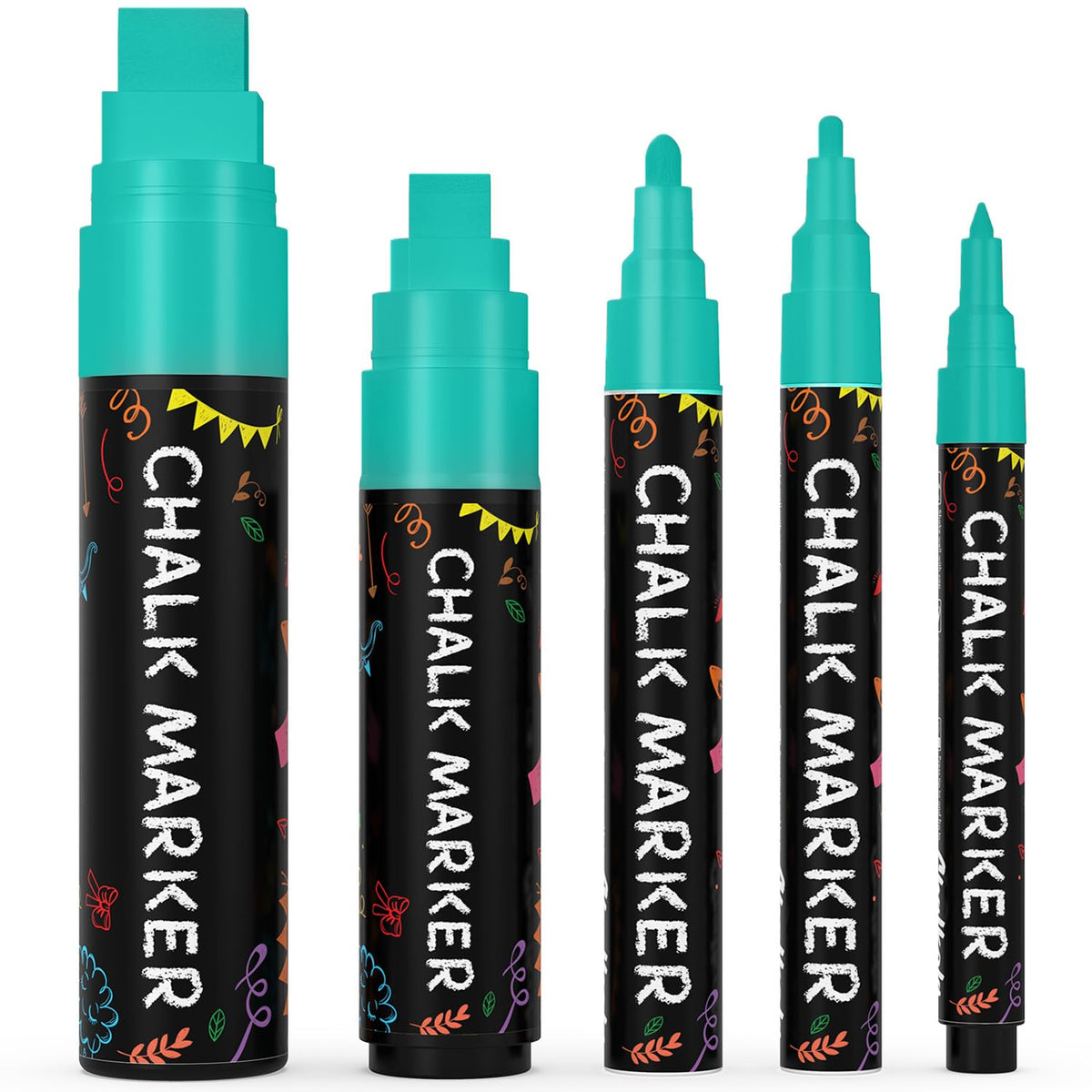 Chalkola 5 Teal Chalk Markers - Dry Erase Markers for Blackboard, Chalkboard Signs, Windows, Glass, Car | Variety Pack - Chalkboard Chalk Pens, Fine & Jumbo Size Ink Pen (1mm, 3mm, 6mm, 10mm, 15mm)