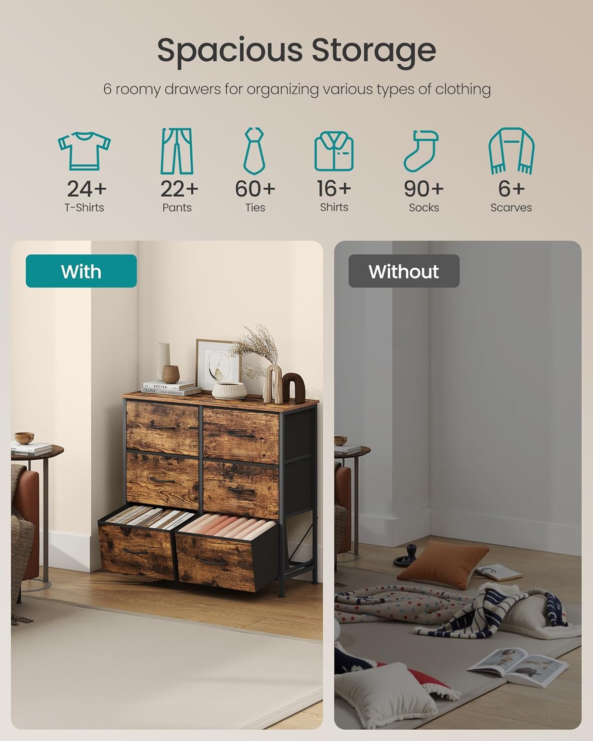 SONGMICS Dresser - 6 Non-Woven Fabric Drawers Storage Organizer Unit | Rustic Brown & Ink Black
