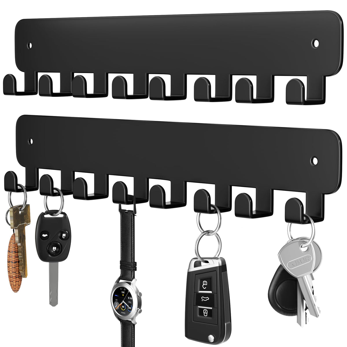 pickpiff Key Holder Wall Mount, Adhesive Key Rack with 8 Hooks Hanger for Car Key Ring, Metal Key Chain Organizer, Black 2 Pack