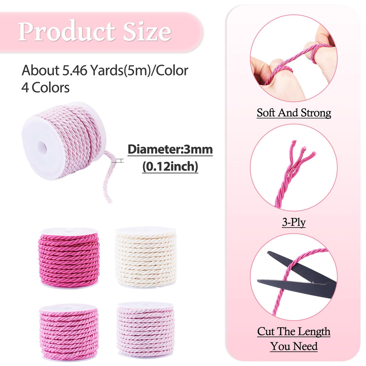 FASHEWELRY 4 Rolls 3mm Pink Twisted Twine Cord Polyester Braided Rope Decorative Thread Strings for Graduation Honor Cord Upholstery Curtain Tieback Home Decoration Bracelet Jewelry Making