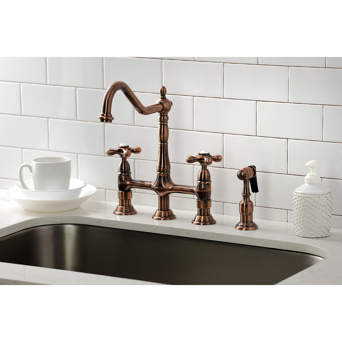 Kingston Brass KS127AXBSAC Heritage Bridge Kitchen Faucet, Antique Copper, 11.19 x 8.56 x 13.13
