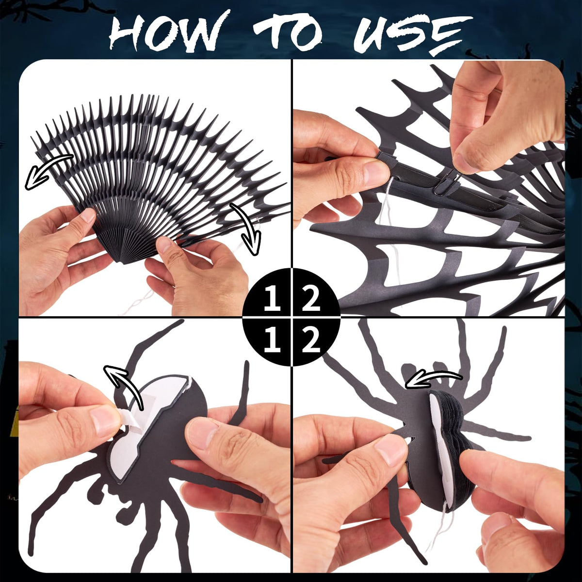 Spider Webs Halloween Decorations with 5 Black White Paper Fans, 6 Fake Spiders and 12 Bat Wall Stickers for Wall Indoor Outdoor Halloween Party Decor