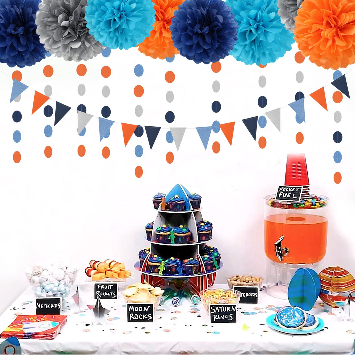 Blue-Silver Orange Space Party-Decorations Streamers-Garland - 30pcs Graduation 2025 Tissue Pom Poms,Tassel Banner Backdrop Birthday Boy Baby Shower Decor Bunting Lasting Surprise