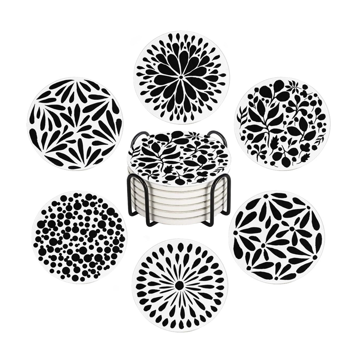 Aowced Drink Absorbent Coasters with Holder Set of 6, Ceramic Stone with Cork Base, Modern Black White Abstract Geometric Coaster for Drinks, Gift for Housewarming Room Bar Home Decor Kitchen