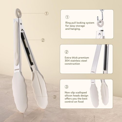 CAROTE Kitchen Tongs - Heat Resistant Stainless Steel with Non-Scratch Silicone Tips | Set of 3 (7", 9", 12")