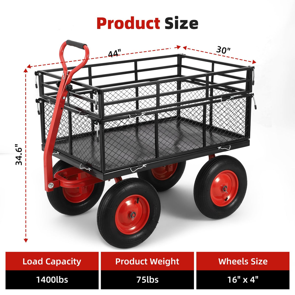 1400 LBS Steel Garden Yard Cart, Heavy-Duty Metal Garden Wagon Convertible 2-in-1 Handle and Removable Sides to Convert into Flatbed Lawn and Utility Wagons Cart