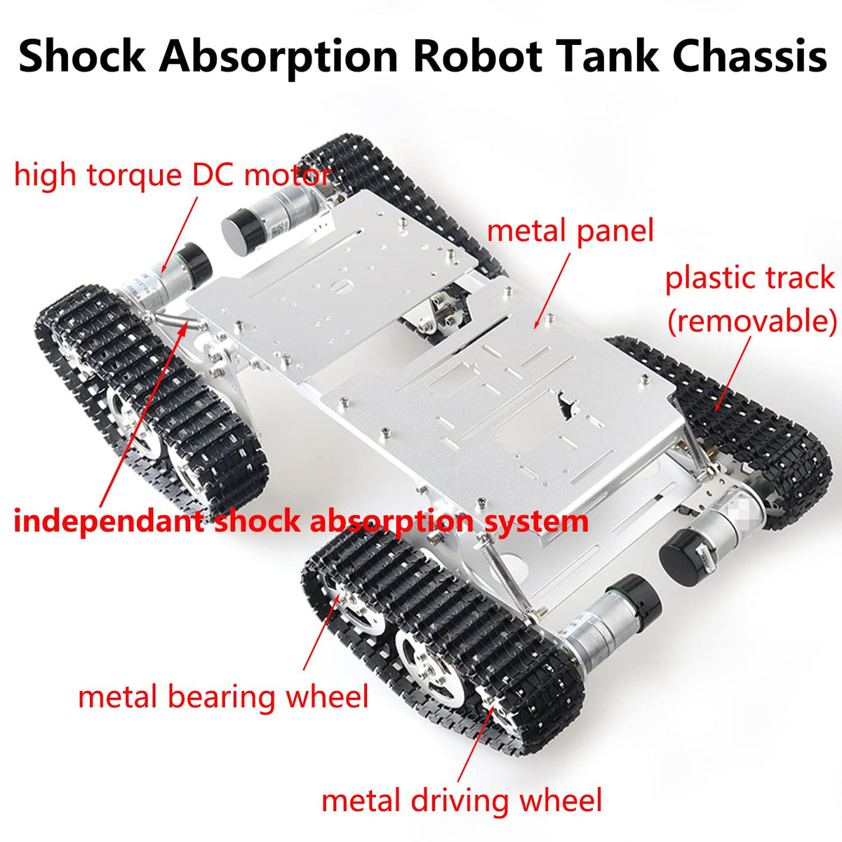 Swaytail Premium Large Metal 4WD Shock Absorption Robot Tank Car Chassis Kit for Arduino/Raspberry Pie/MicroBit with 33 DC Motor, Shock Absorbing Tracked Crawler with Damping System DIY Maker Model
