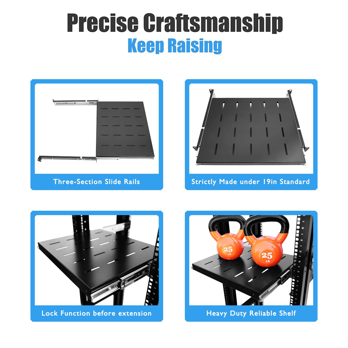 Raising Electronics Sliding Rack Server Shelf 1U 19'' 4 Post Rack Mount-Adjustable 15''-22''
