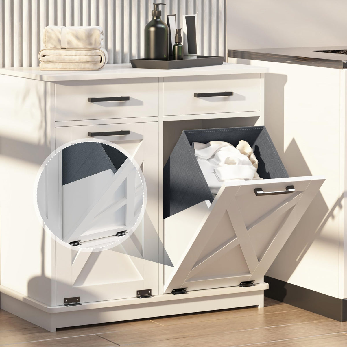 Mepplzian White Double Tilt Out Laundry Hamper Cabinet Laundry Basket Cabinet Hidden Laundry Hamper with 2 Drawers & 2 Baskets for Bathroom,30x30x16in（Barn Door Panel）