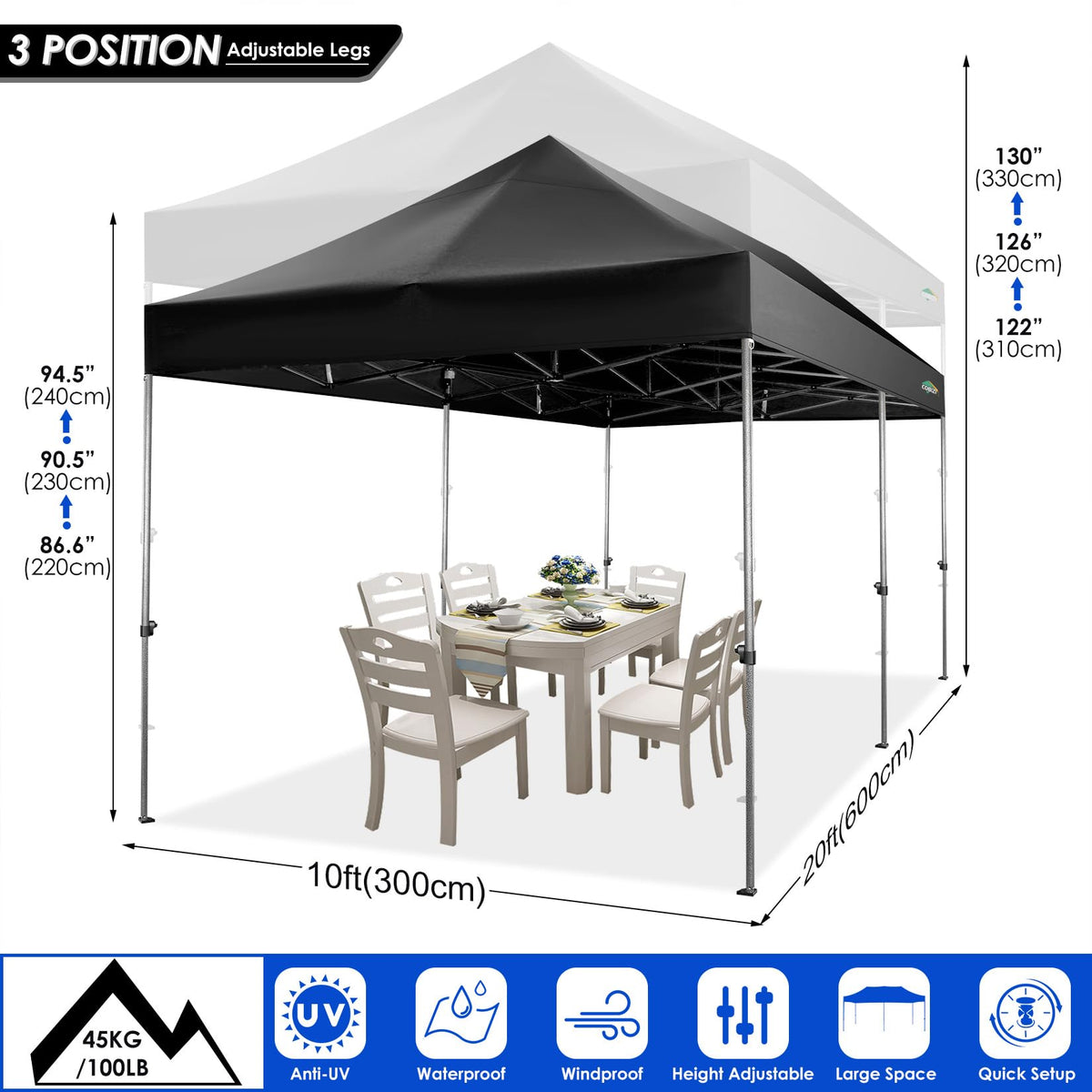 COBIZI 10x20 Heavy Duty Pop up Canopy Tent with 6 sidewalls Easy Up Commercial Outdoor Wedding Party Tents for Parties All Season Wind & Waterproof Gazebo Roller Bag, Black(Frame Thickened)