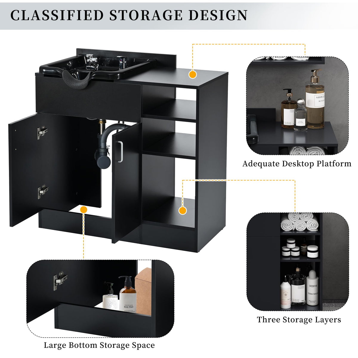 Salon Station,Shampoo Backwash Station for Salons with Shampoo Bowl & Storage Layer,Salon Equipment for Spa Beauty, Black Color